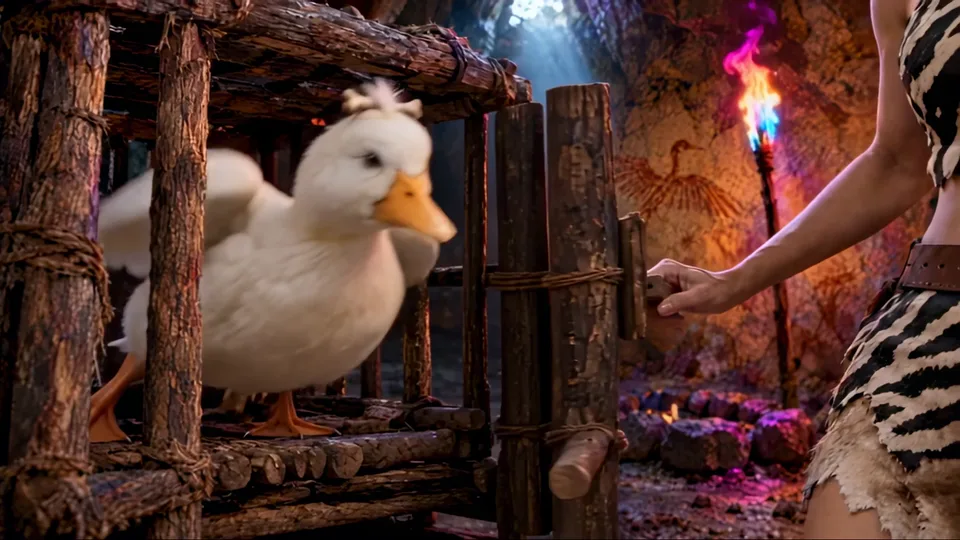 La main de Kiko ouvre la cage du canard dans la grotte