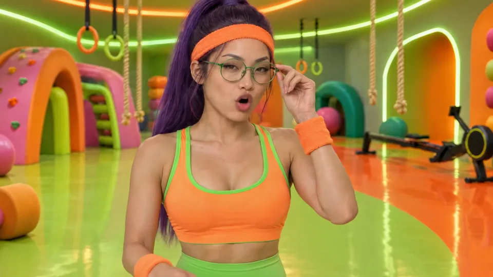 Kiko Sky dans la salle de fitness au néon, la main sur ses lunettes vertes