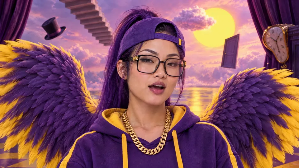 Kiko Sky avec des ailes mauves et jaunes dans le monde impossible