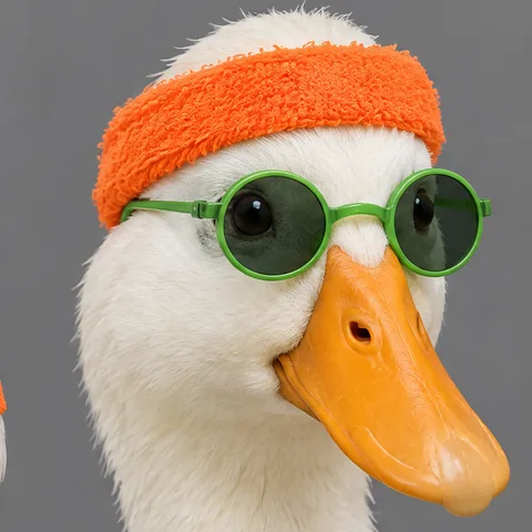The duck in a sweatband and green glasses