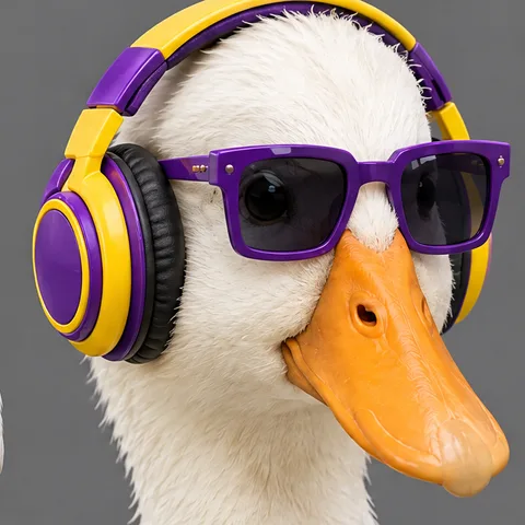 The duck as DJ with headphones and purple shades