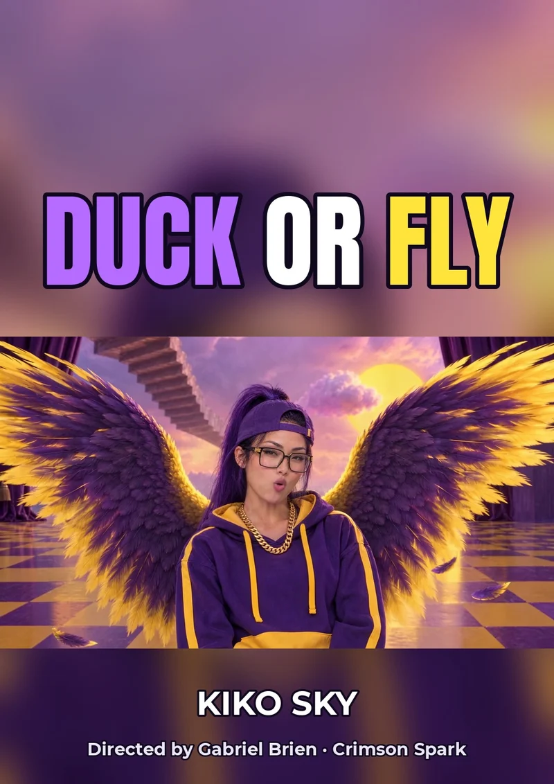 Duck or Fly poster: Kiko Sky with purple and gold wings in the impossible world