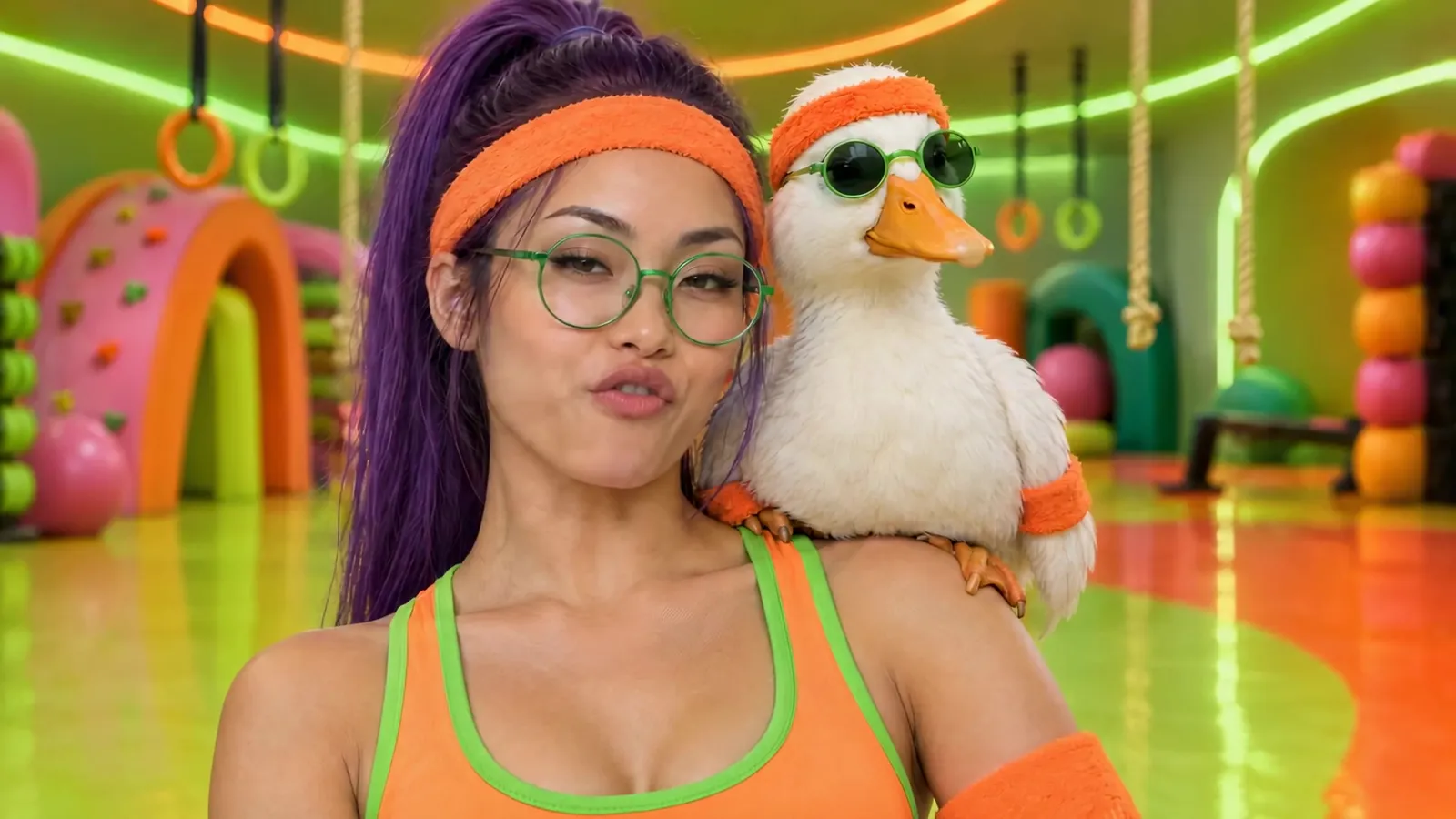 Duck or Fly: Kiko and her duck in the neon fitness club
