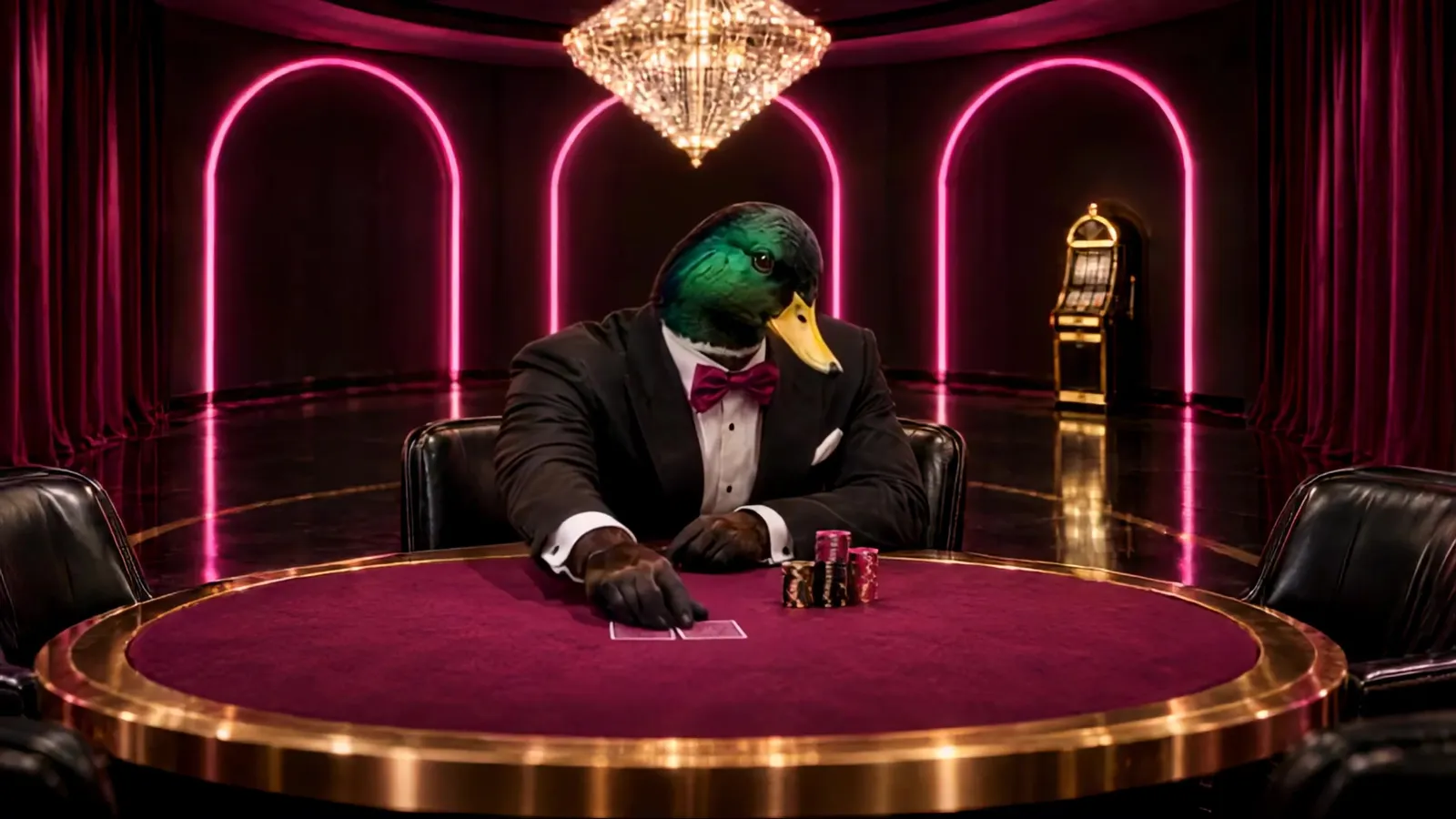 Duck or Fly: a duck-headed gambler at the casino table