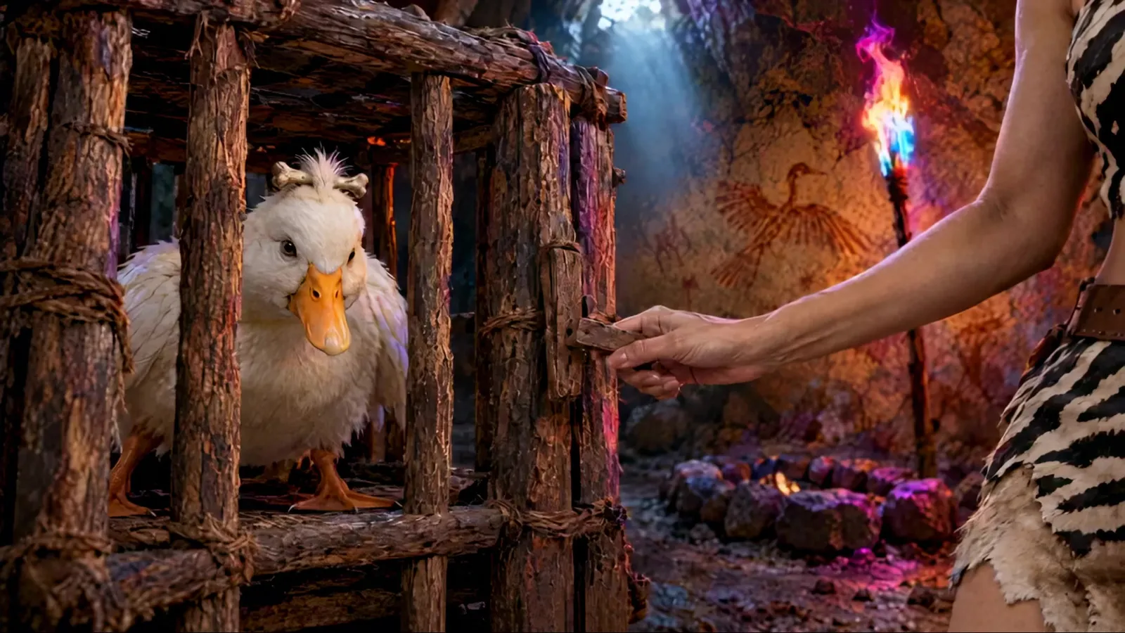 Duck or Fly: Kiko's hand on the latch of the duck's cage