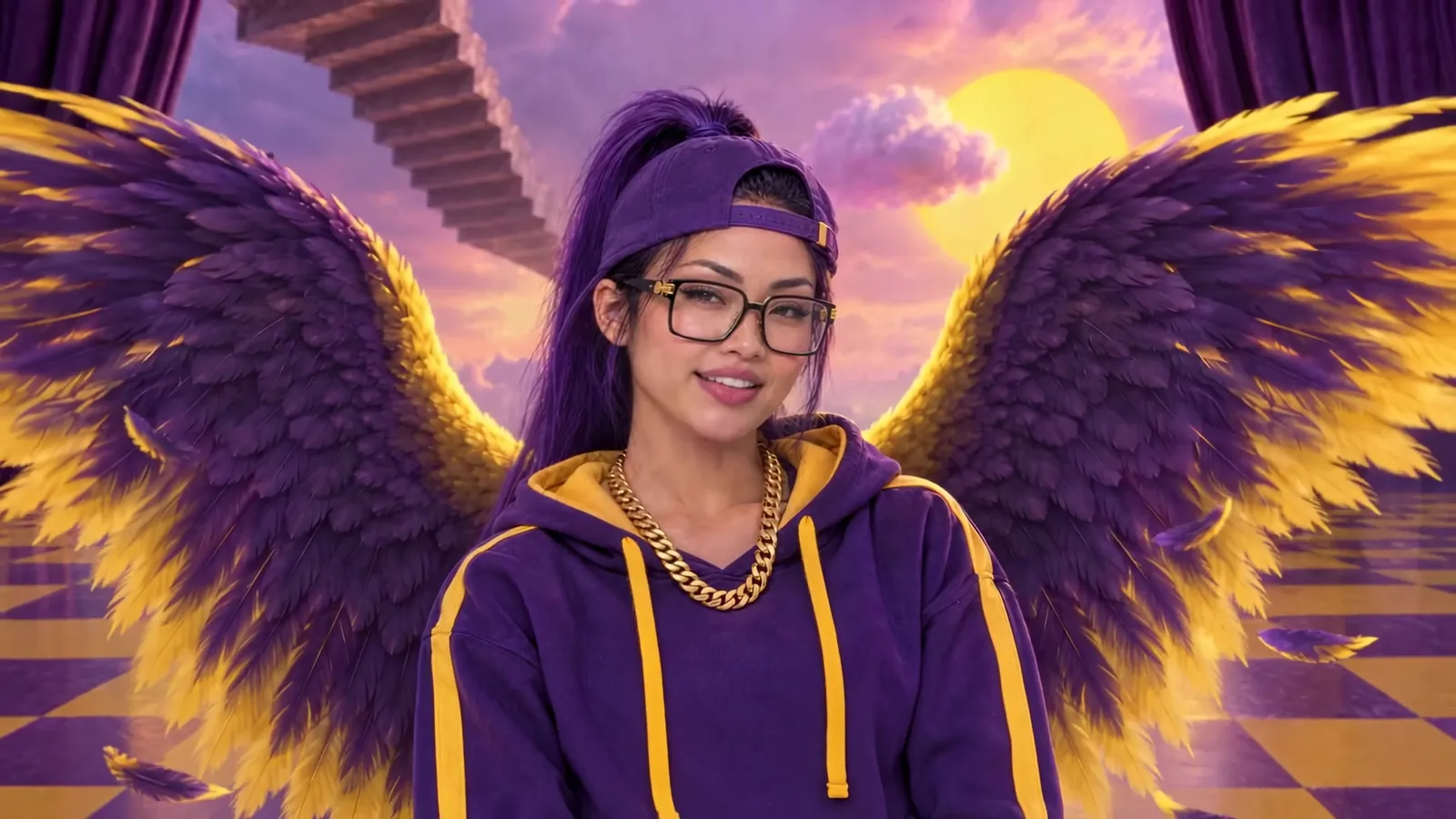 Kiko Sky with purple and gold wings in the impossible world