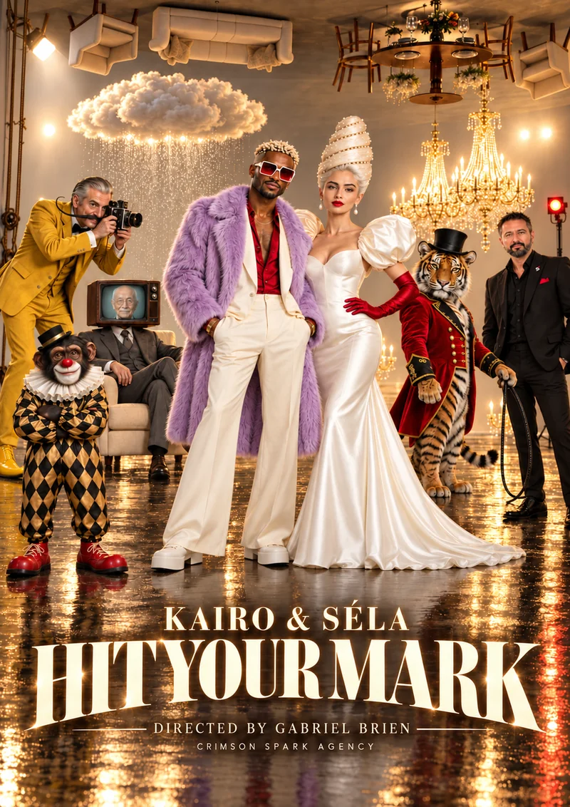 Hit Your Mark poster: Kairo and Séla with the film's cast on a shiny soundstage