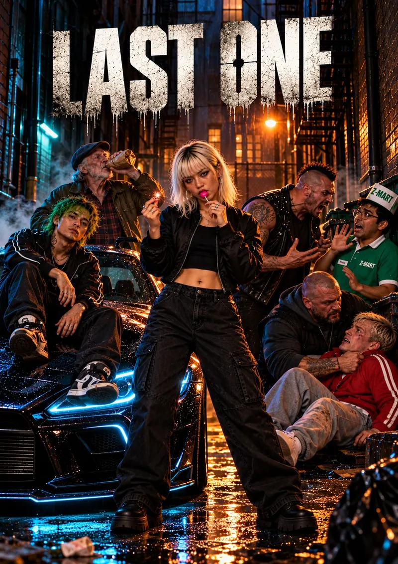 Affiche de Last One&nbsp;: Lolly, une sucette à la main, dans une ruelle sous la pluie, entourée des personnages du film